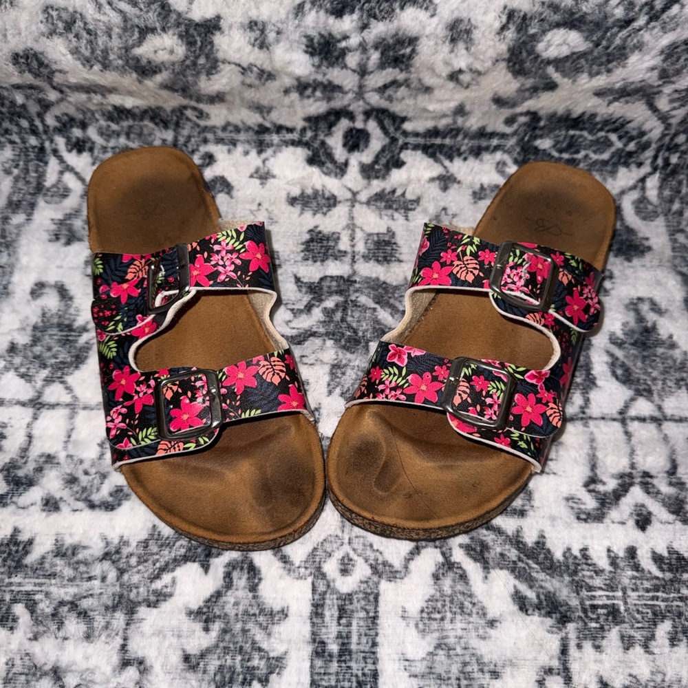 Women’s Floral Double-Buckle Slide Sandals - Black & Pink